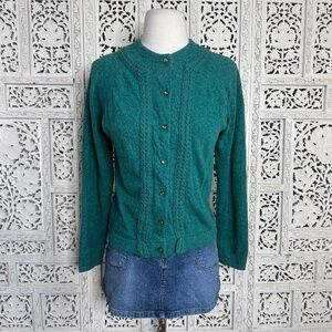 Vtg Casual Corner Emerald Green Lambswool Rabbit‎ Hair Blend Button Up Cardigan